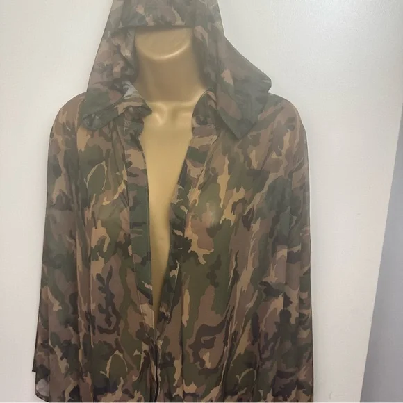 Rough Trade Gear Green Tan Camo Print SheerMesh Oversized Hooded Coverup NWT O/S